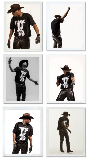 Six framed studio portraits show a man in a black Tupac T-shirt, hat, gloves, and leather pants posing against a white background.