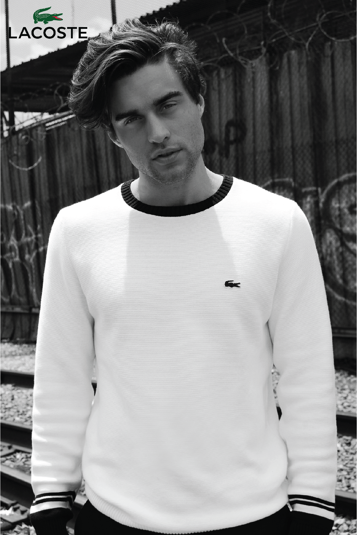 Monochrome studio shot of a handsome male model in a textured white Lacoste sweater against a graffiti-covered fence.