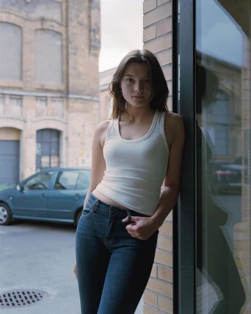 Young woman in a white tank top and blue jeans leaning against a brick column outside in Paris by Antje Peters.