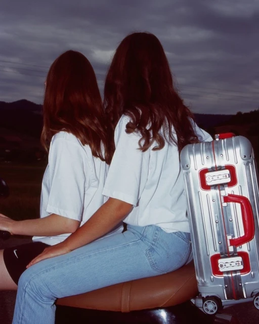 Two women with long brown hair, wearing casual clothes, sitting on a moped outdoors with a metal suitcase; mountains in the background.