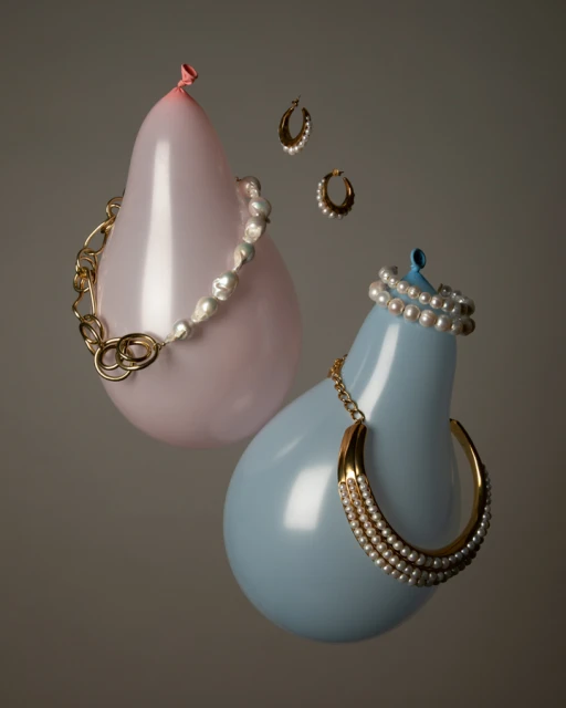 Still life of a pink and blue balloon accessorized with gold and pearl jewelry, including necklaces and hoop earrings on gray background.