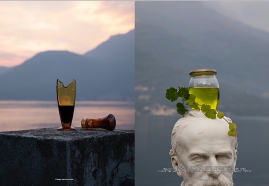 Still life diptych featuring a broken perfume bottle, a bust with green liquid in a jar, and a mountain backdrop at dusk and in daylight.