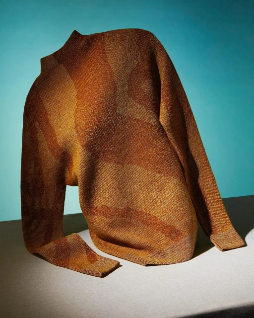 A textured orange sweater stands upright on a gray surface against a teal background, showcasing knitwear and fashion design.