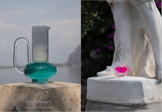 Split image showcasing a turquoise liquid in clear glass on a stone surface with a sculpture and pink liquid on a stone base.