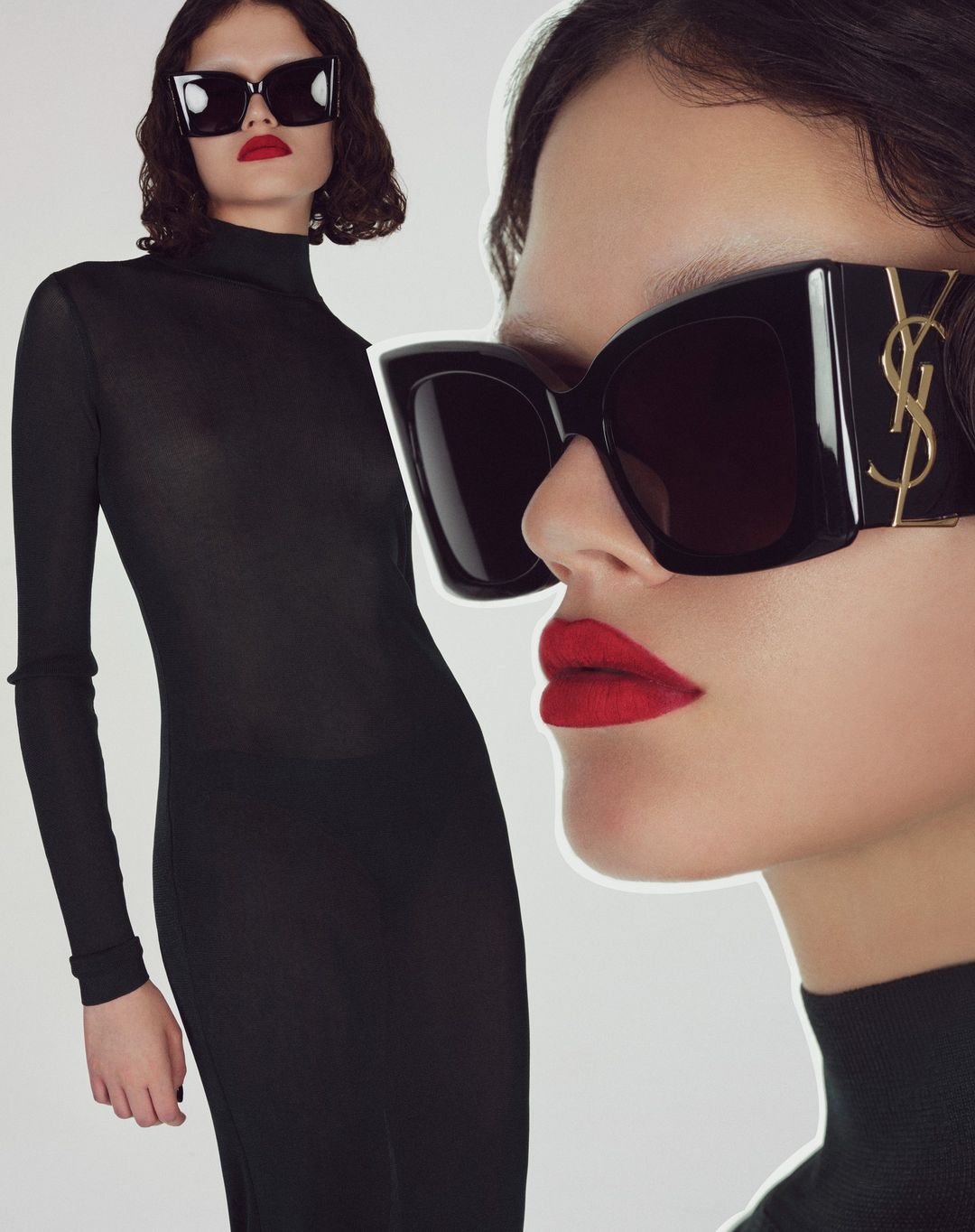 Close-up of a woman wearing designer sunglasses with bold red lipstick, alongside a full-length shot of the same woman in a black dress.