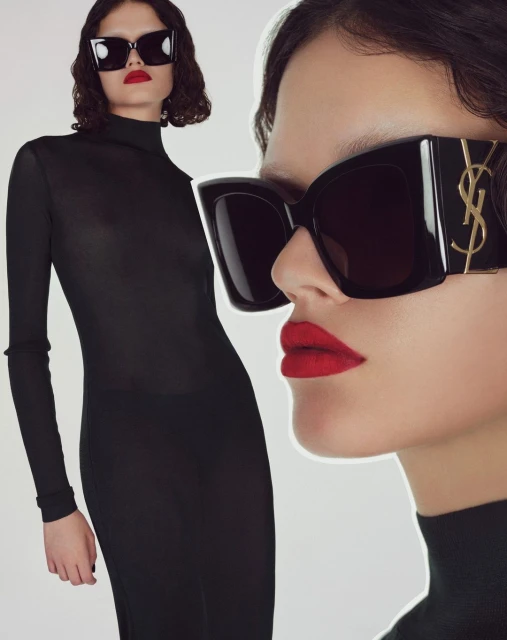 Close-up of a woman wearing designer sunglasses with bold red lipstick, alongside a full-length shot of the same woman in a black dress.