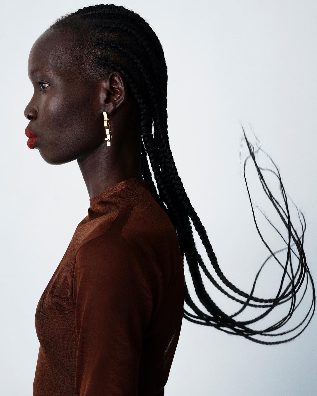 Profile shot of a Black woman with dark brown skin, wearing a brown top and gold earrings, with long braids blowing away from her face.