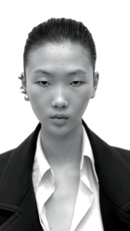 Close-up portrait of a model with slicked-back hair wearing a white collared shirt and black jacket against a plain white background
