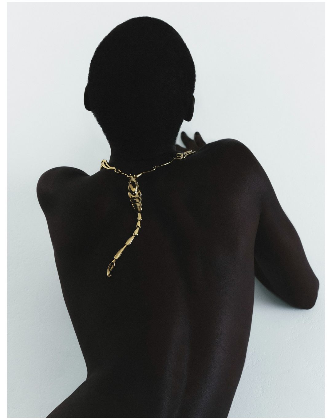 Back view of a person wearing an articulated gold scorpion pendant necklace against a plain white background