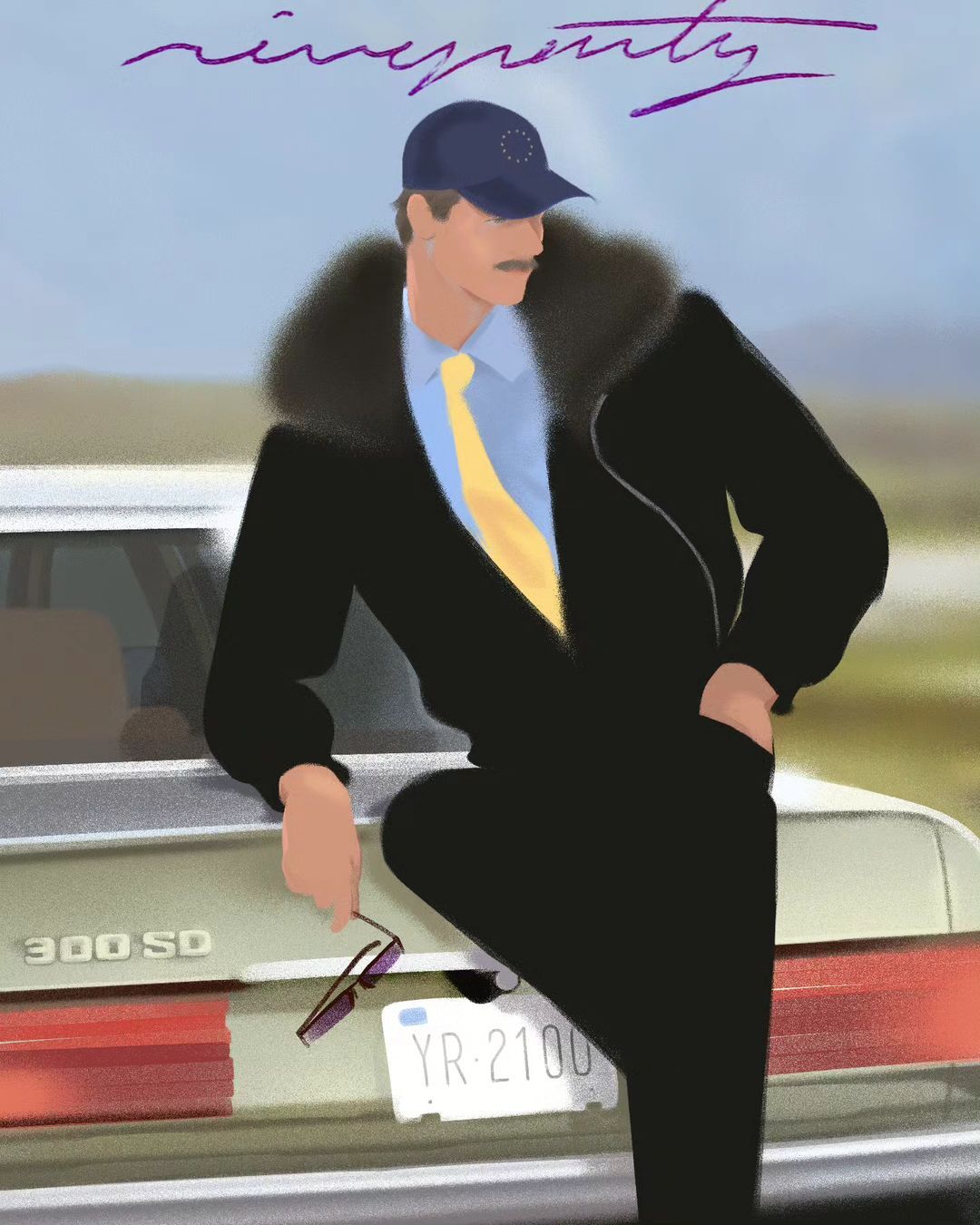 Illustration of a man in a black jacket leaning against a car on a rural road, wearing a baseball cap and yellow tie, holding sunglasses.