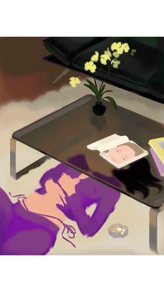 Illustration of a woman lying on the floor next to a coffee table with a magazine, flowers, and books in a neutral toned room.