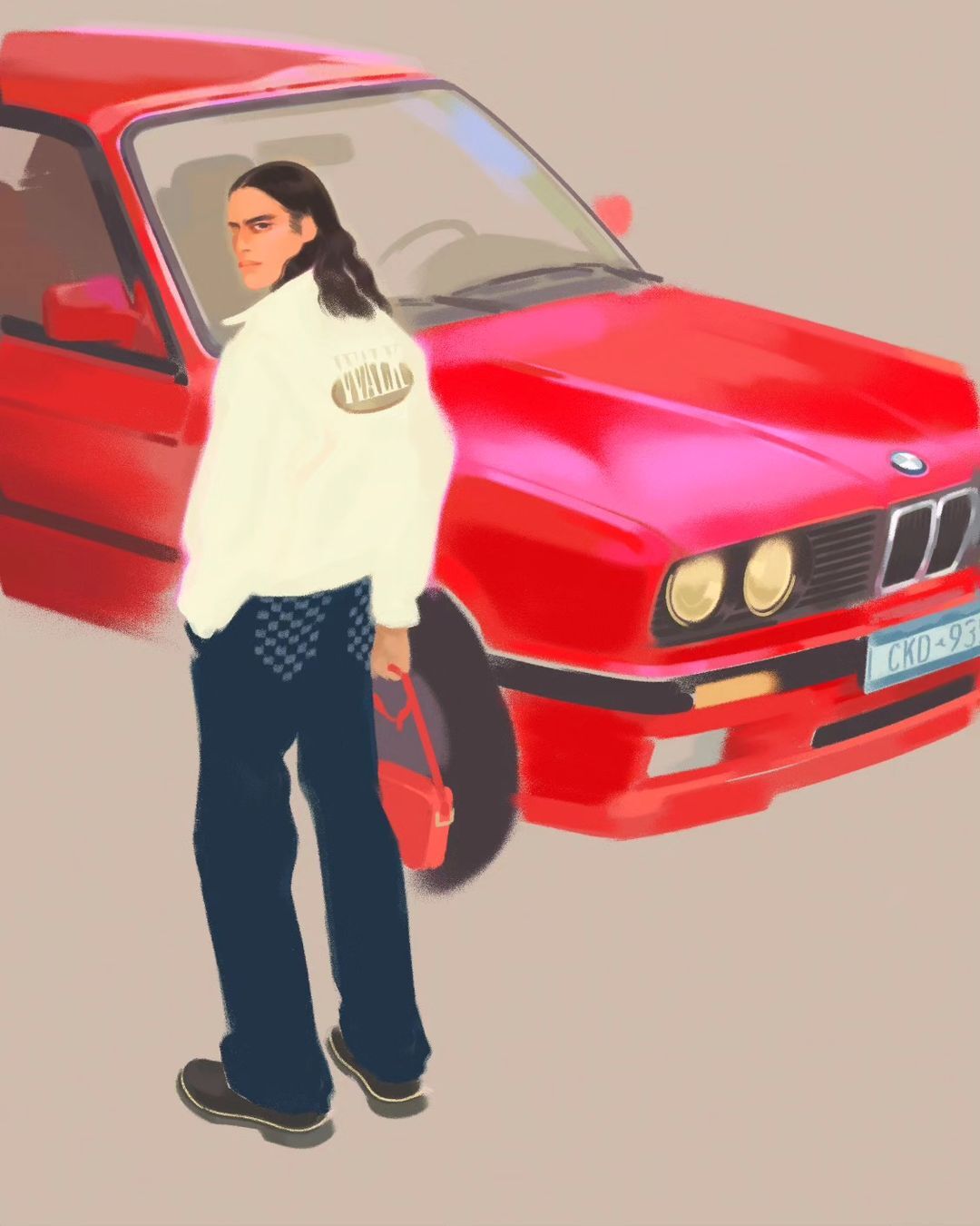 Illustration of a man in a jacket and dark pants, standing next to a red car with visible license plate. Handbag visible.