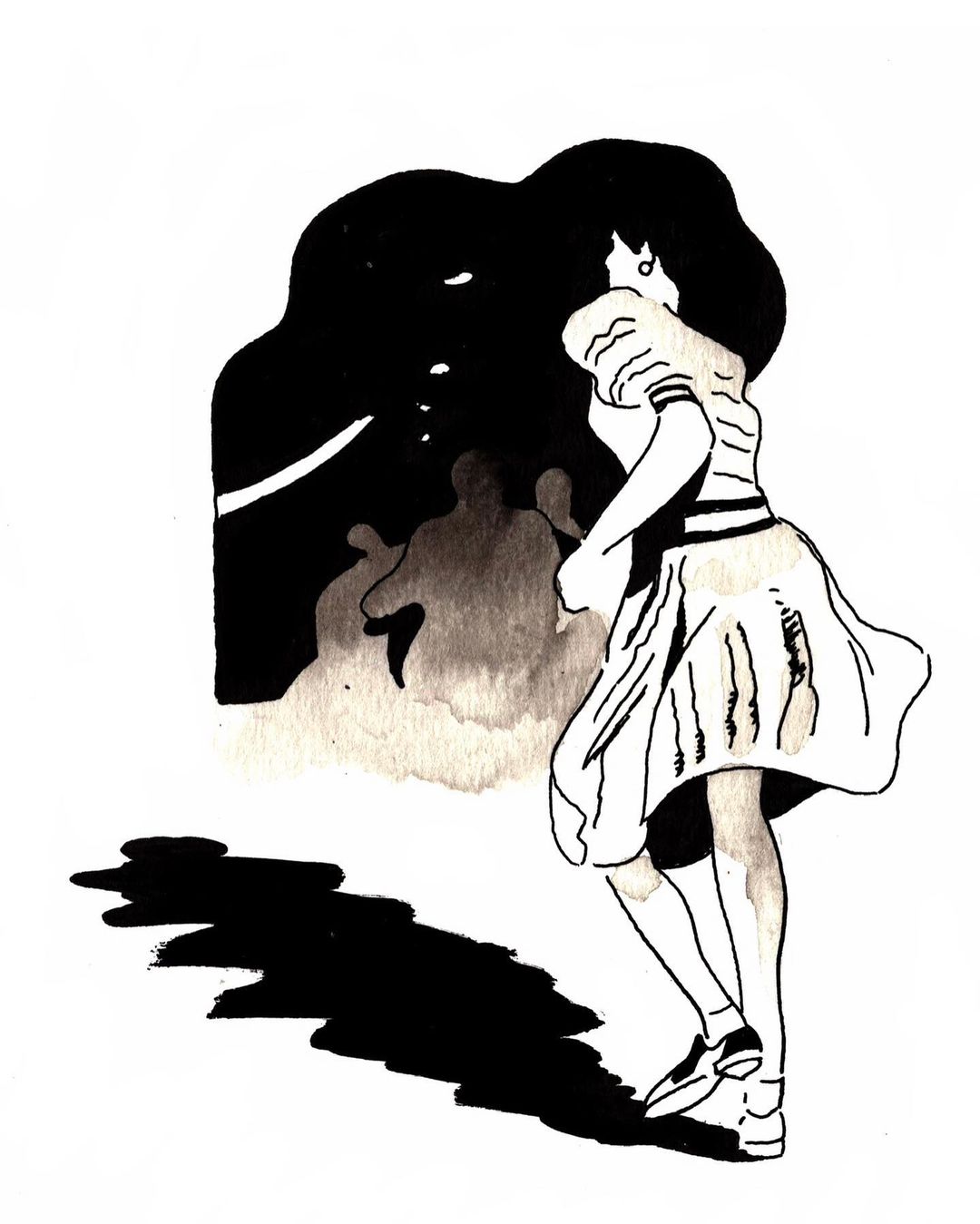 Illustration of a woman with long black hair in a short white dress with puffy sleeves, set against a background of dark figures.