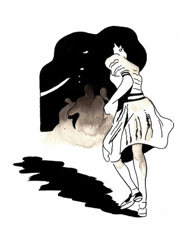 Illustration of a woman with long black hair in a short white dress with puffy sleeves, set against a background of dark figures.