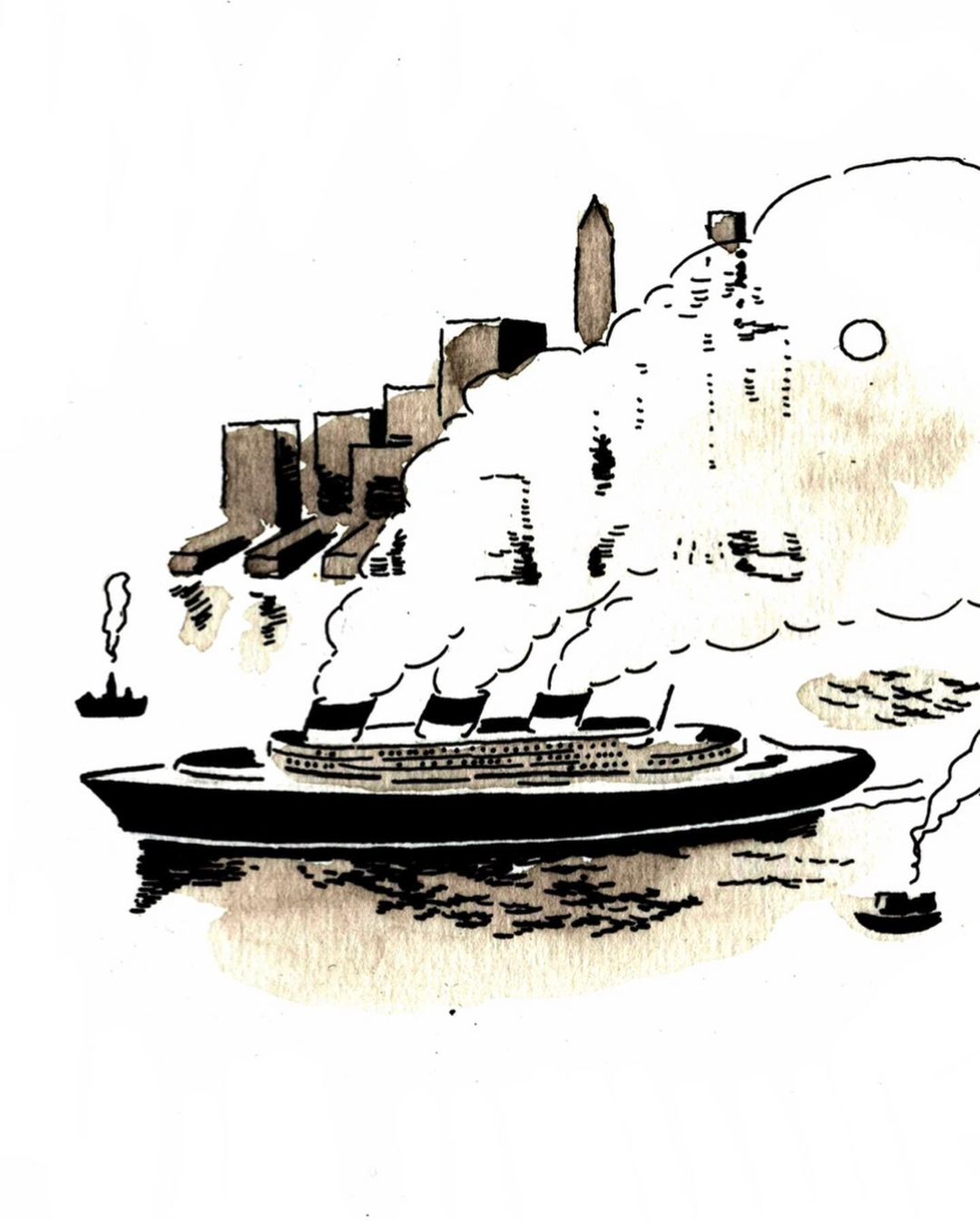 Illustration of a large cruise ship sailing past a cityscape with a vintage aesthetic, rendered in black, white, and beige tones.