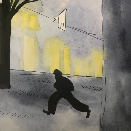 Illustration of a silhouetted figure in mid-stride walking past buildings in a city at dusk, created with watercolor and ink.