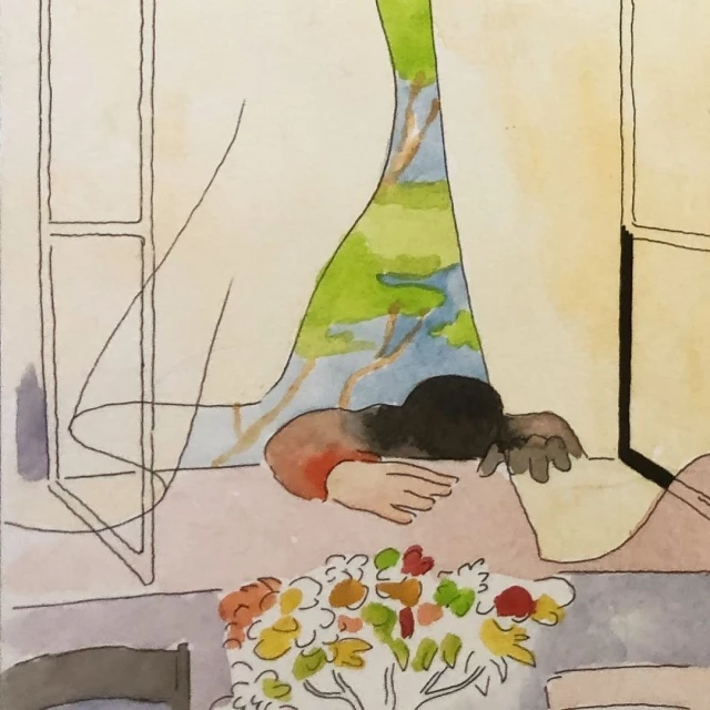 Watercolor illustration of a figure by a window with a view of greenery and a small table with a vase of flowers.