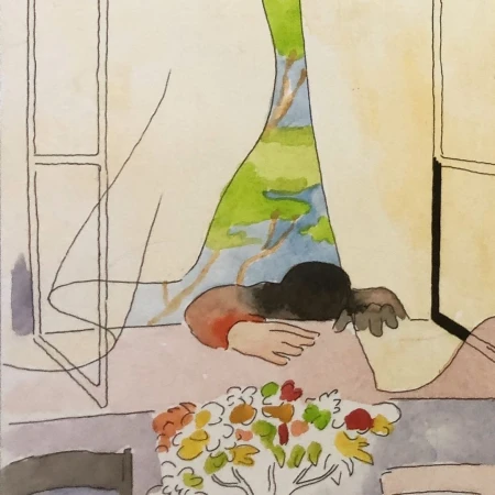 Watercolor illustration of a figure by a window with a view of greenery and a small table with a vase of flowers.
