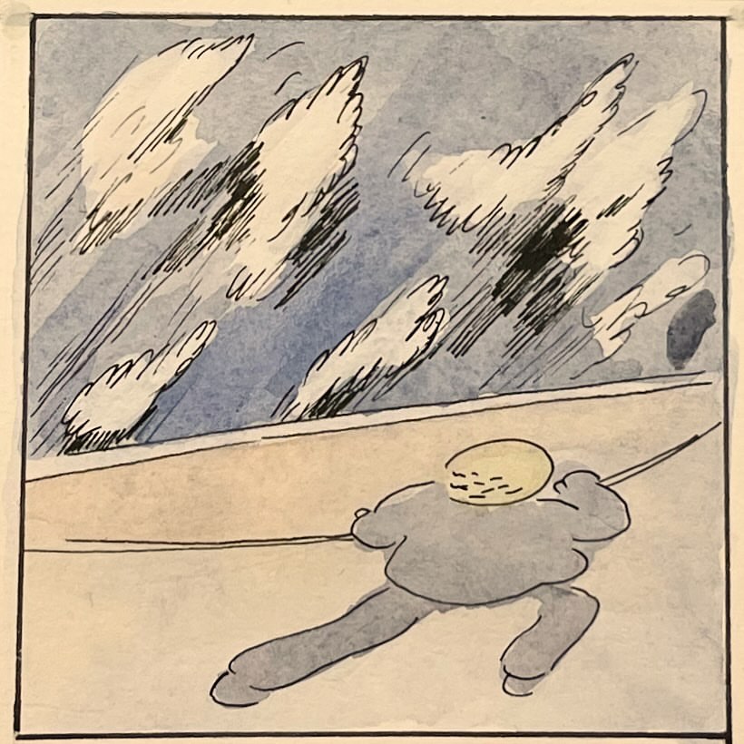 Illustration of a figure in motion against a sky with cloud-like formations, rendered in a watercolor style with visible brushstrokes.