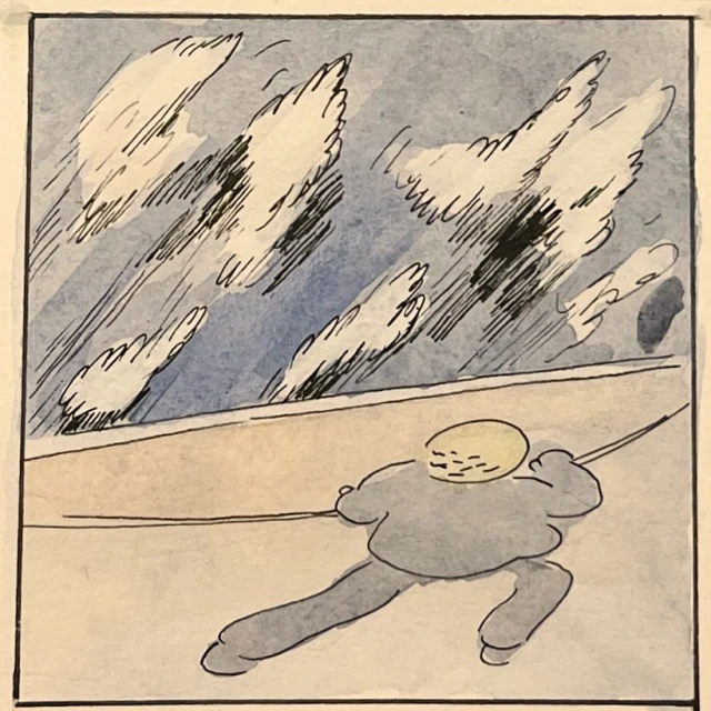 Illustration of a figure in motion against a sky with cloud-like formations, rendered in a watercolor style with visible brushstrokes.