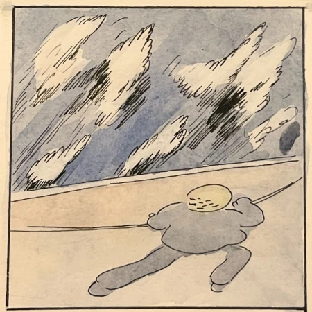 Illustration of a figure in motion against a sky with cloud-like formations, rendered in a watercolor style with visible brushstrokes.