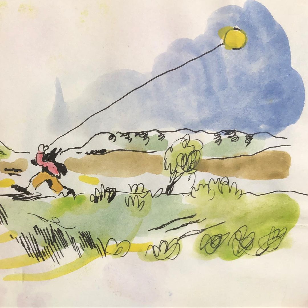 Illustration shows a child running through a green field under a blue sky with a yellow sun. The child is wearing a pink jacket.