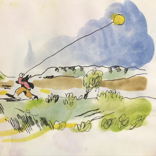 Illustration shows a child running through a green field under a blue sky with a yellow sun. The child is wearing a pink jacket.