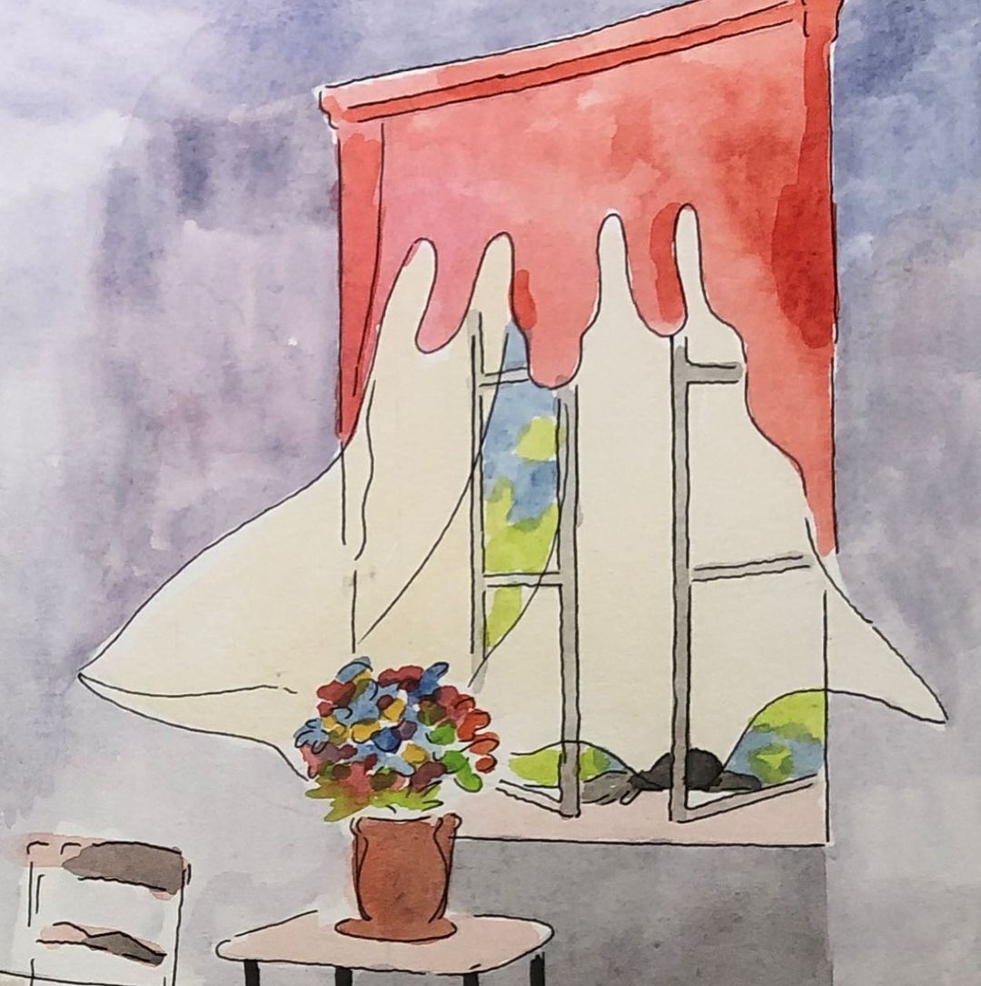 Watercolour painting of a window with flowing red drapes, a white curtain, and a bouquet of colorful flowers on a small table.