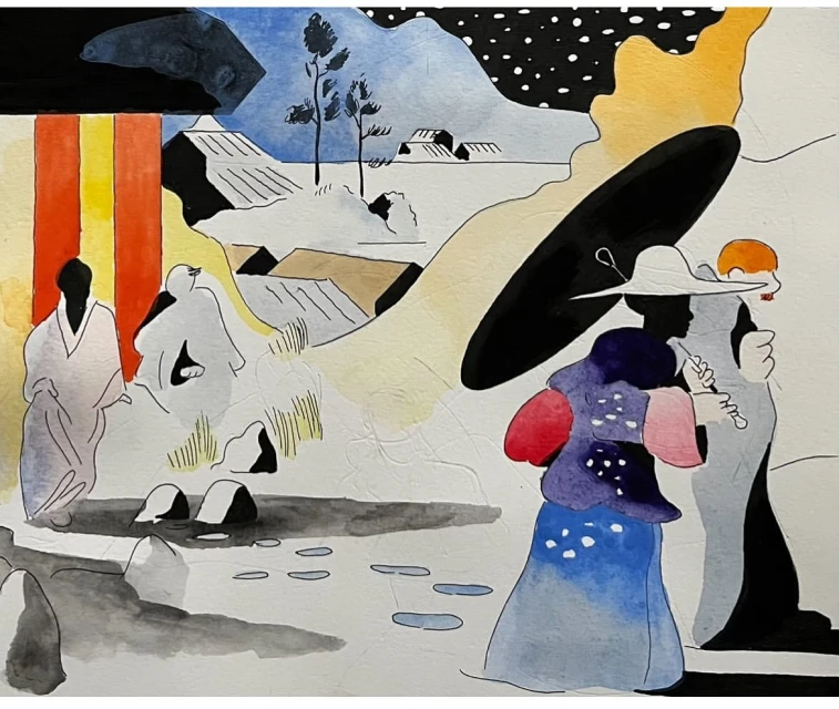 Watercolor artwork depicting two women with hats and umbrella in a rural scene with houses, trees, and mountains against a starry sky.