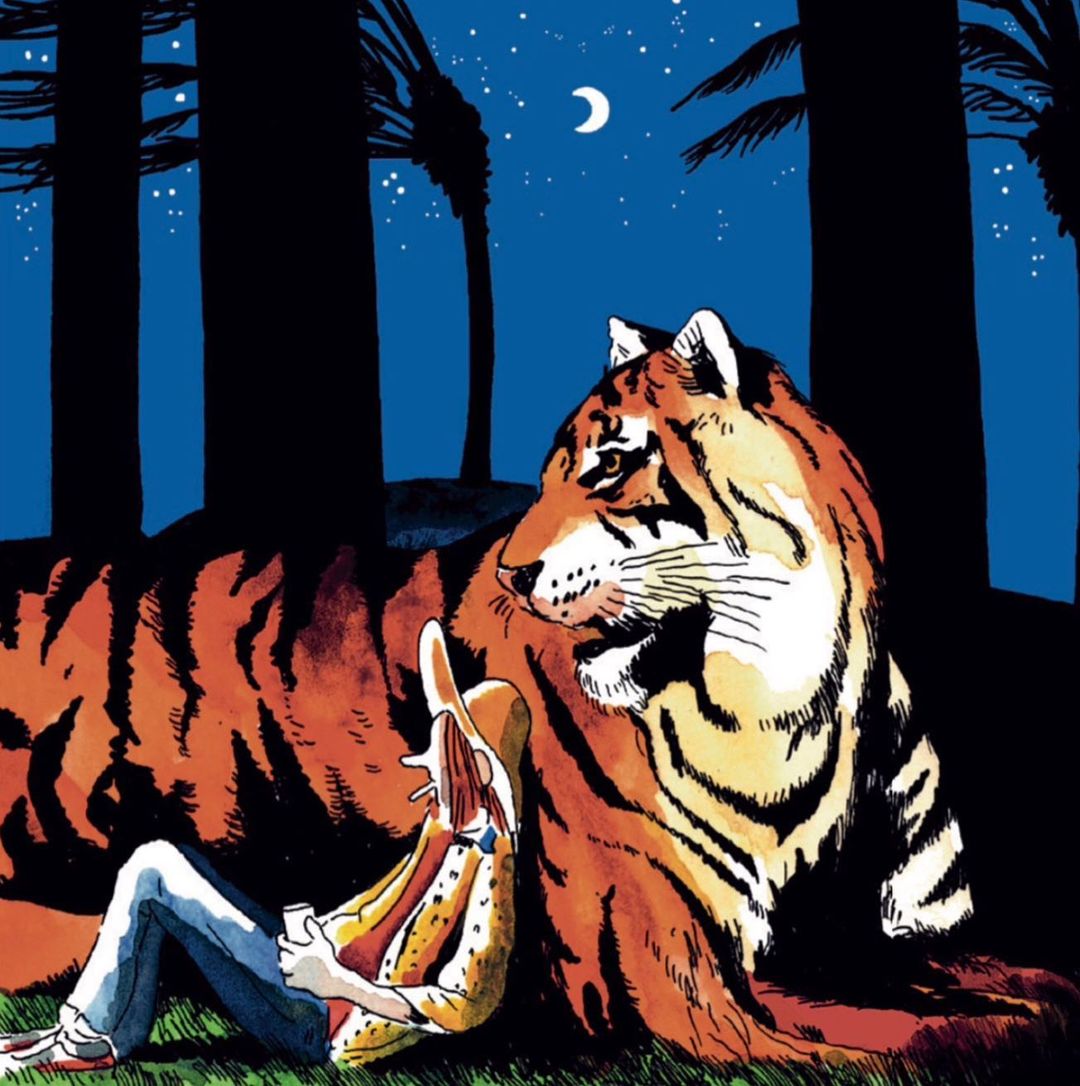 Illustration of a tiger lying next to a person in a hat under a crescent moon and stars in a dark forest setting with green grass.
