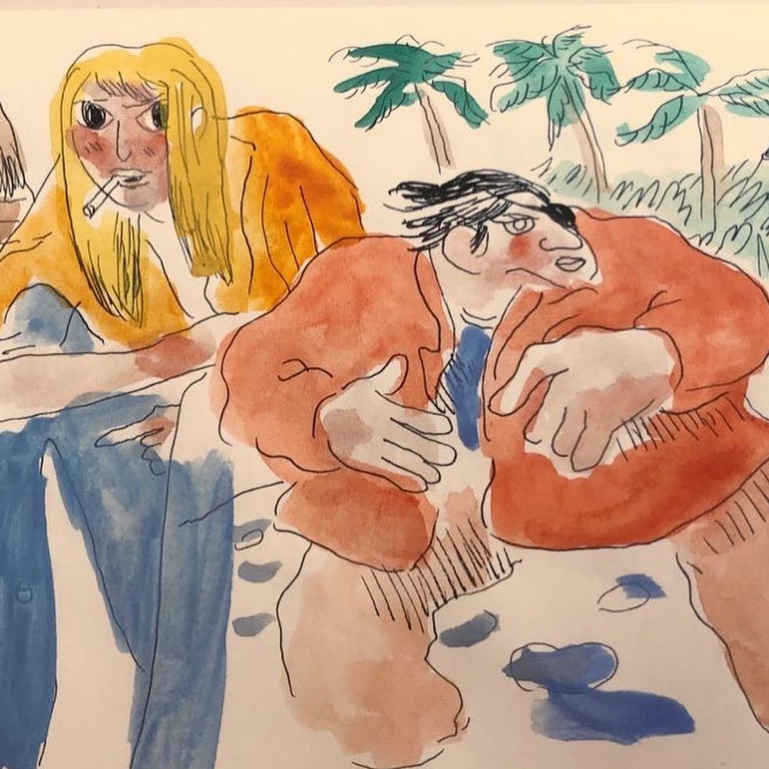 Expressive watercolor art featuring two figures, one smoking, set against a backdrop of tropical palm trees in a naive style.