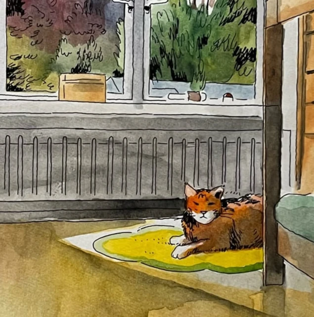 Watercolor painting of a domestic cat lounging on a yellow rug near a window with visible radiator and outdoor greenery.