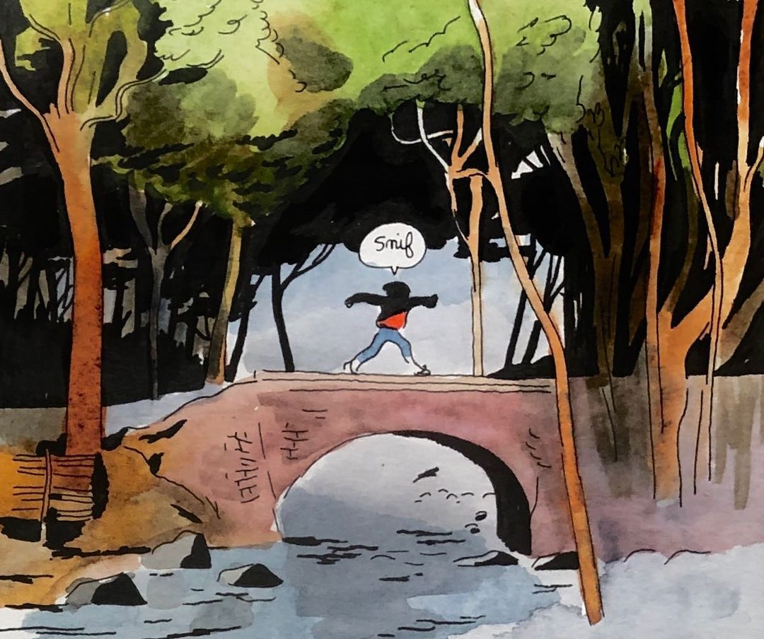 Illustration of a person walking on a bridge over a stream in a forest, rendered in a watercolor painting style with visible brush strokes.