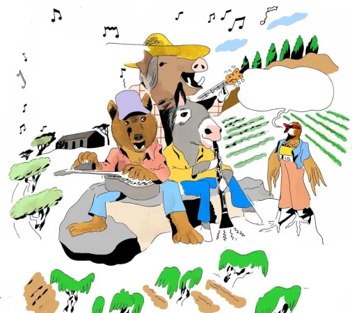 Illustration of four anthropomorphic animals, a bear, donkey, pig, and pheasant, playing musical instruments in a whimsical landscape.