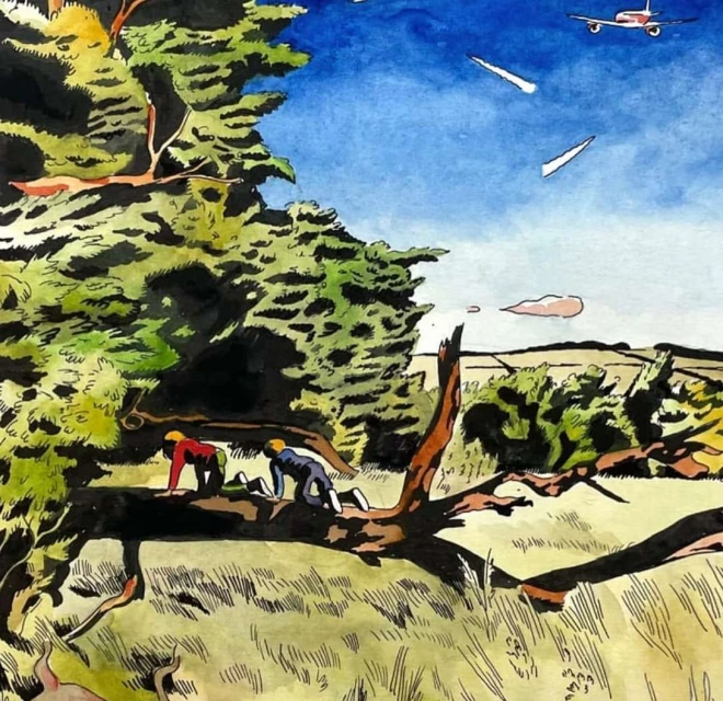 Illustration depicts two figures on a fallen tree trunk in a grassy area with an airplane and objects in the sky above.