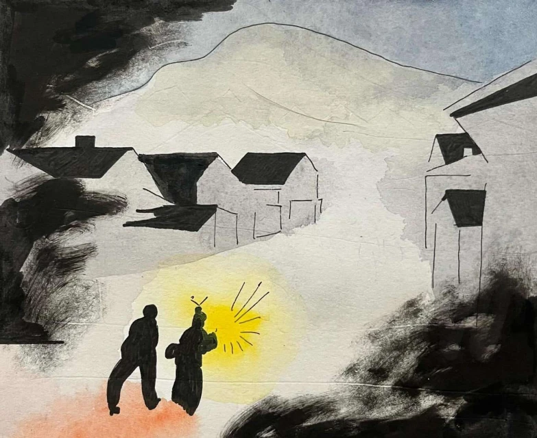 Artwork depicts two silhouetted figures in the foreground with a bright light, buildings, and a mountain backdrop in a monochromatic palette.