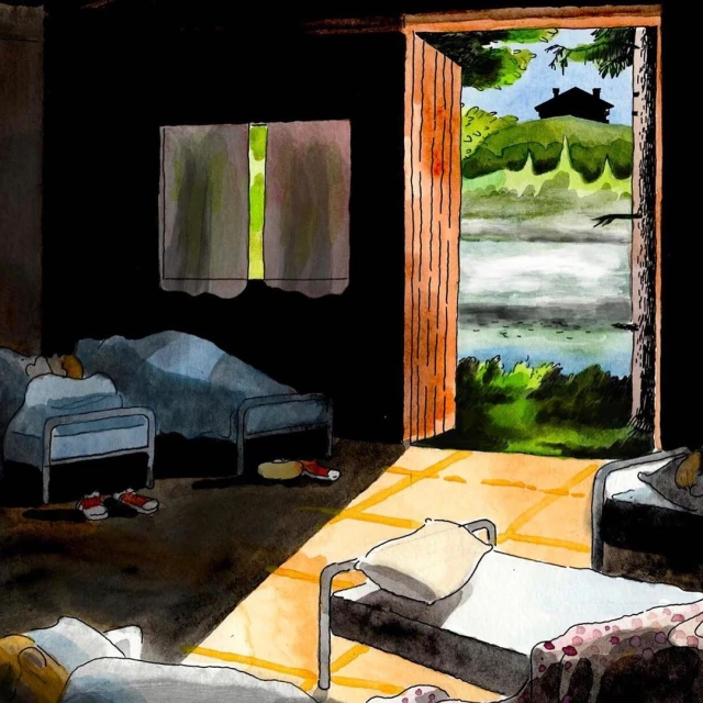 Illustration of a room with beds seen through an open door to a landscape with a lake, trees, and a house on a hill.