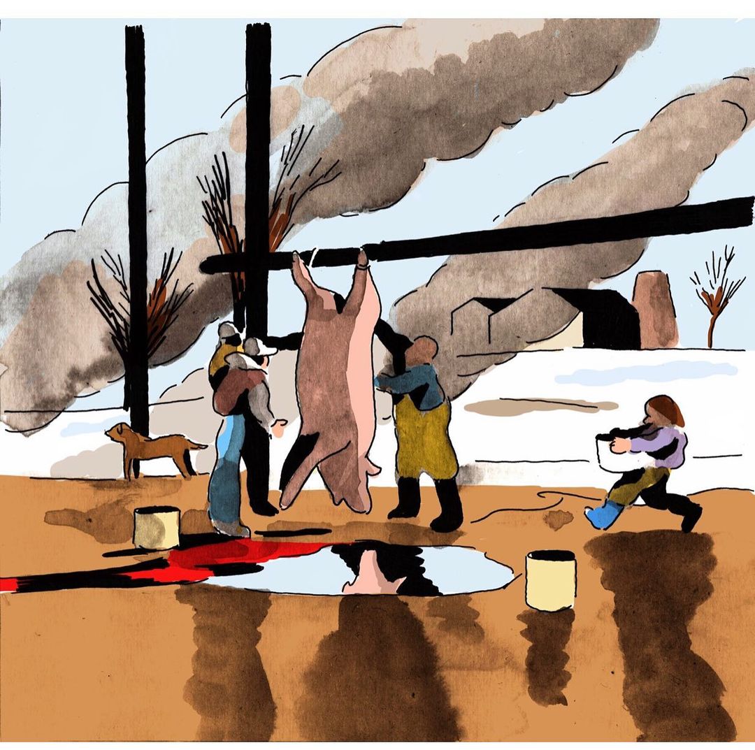 Illustration of an outdoor butchering scene with figures surrounding a hanging pig carcass near a small house and smoking chimneys.