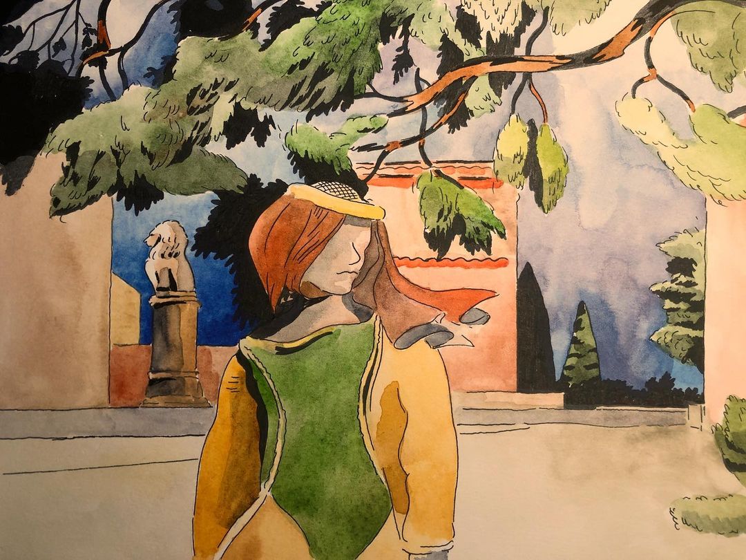 Watercolor painting depicting a person in period clothing under tree branches in front of building and statue.