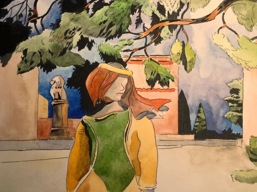 Watercolor painting depicting a person in period clothing under tree branches in front of building and statue.