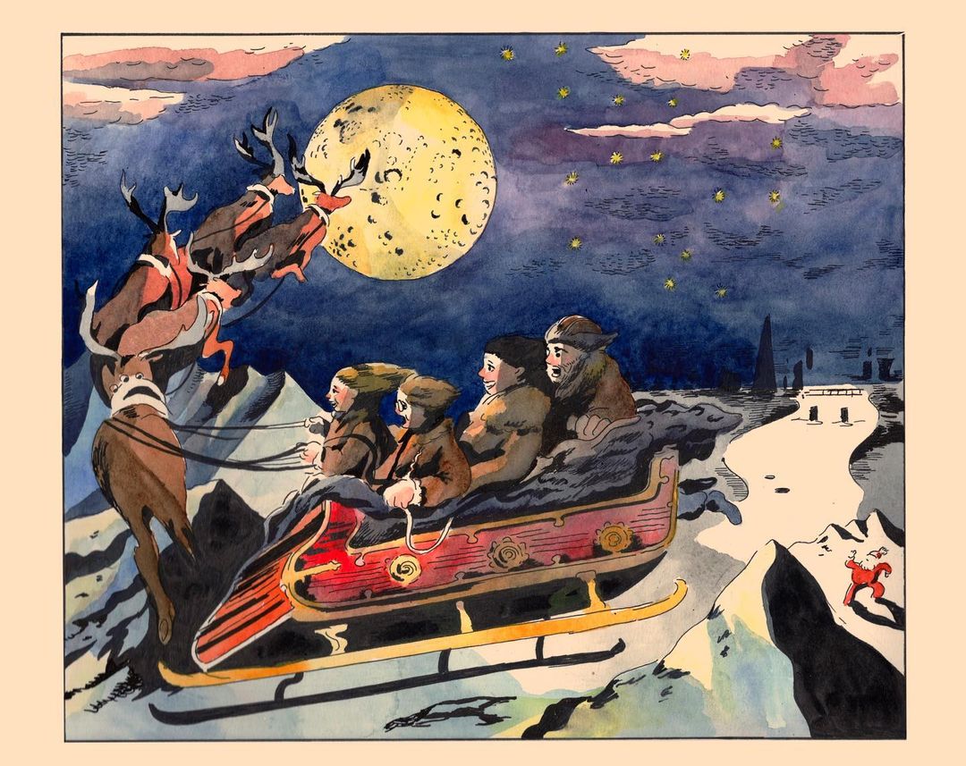 Illustration of Santa's sleigh pulled by reindeer, carrying passengers under a full moon in a starry night sky, with snowy landscape below.