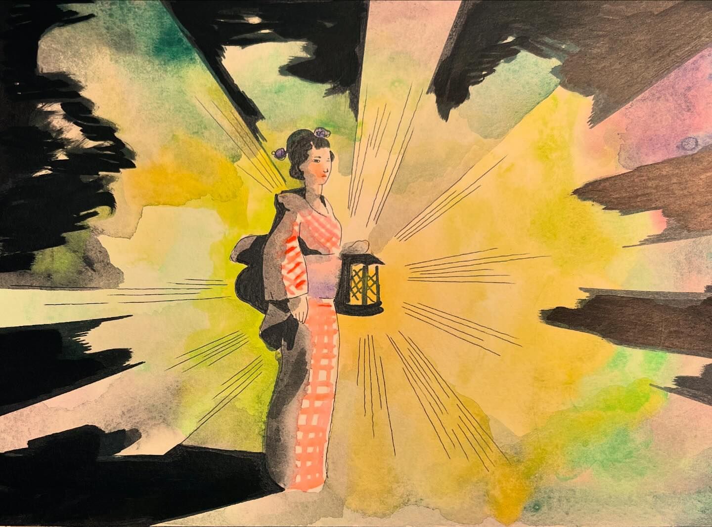 Watercolor painting of an adult female in traditional Japanese attire holding a lantern, with radiating light and dark background elements.