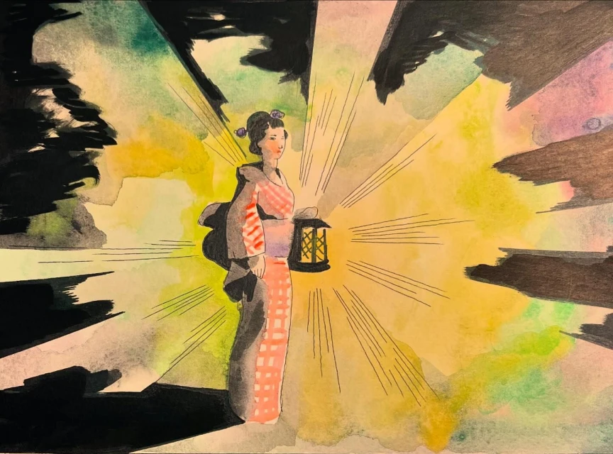 Watercolor painting of an adult female in traditional Japanese attire holding a lantern, with radiating light and dark background elements.