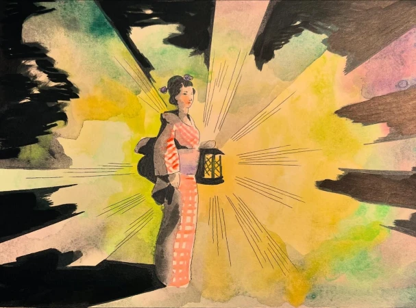 Watercolor painting of an adult female in traditional Japanese attire holding a lantern, with radiating light and dark background elements.