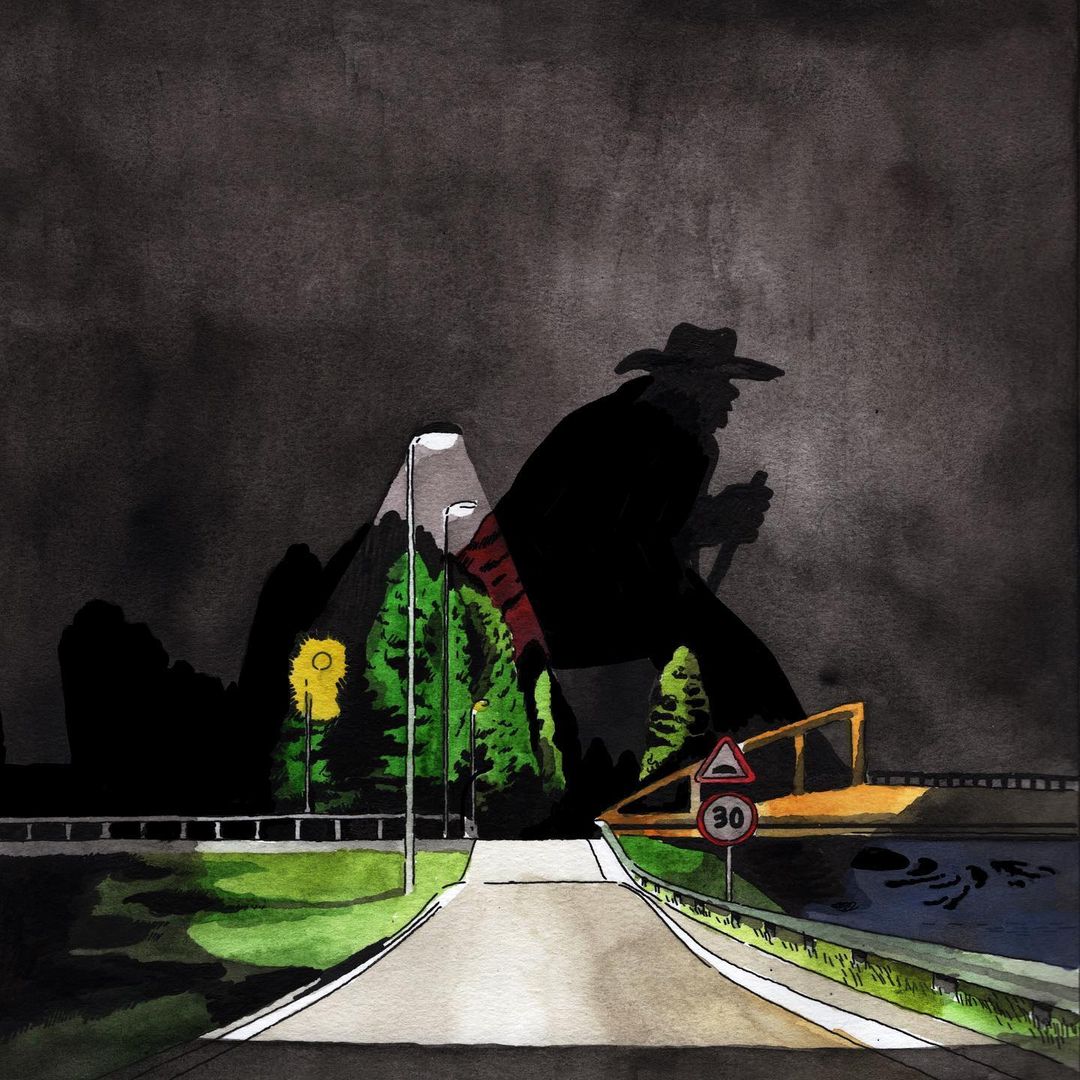 Watercolor painting of a road leading to a mountain range at night, featuring trees, street lights, and a silhouette of a man.
