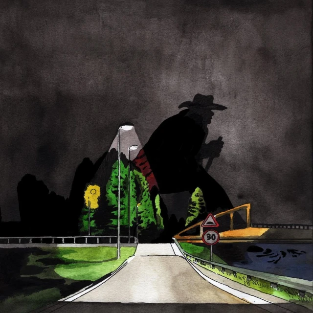 Watercolor painting of a road leading to a mountain range at night, featuring trees, street lights, and a silhouette of a man.