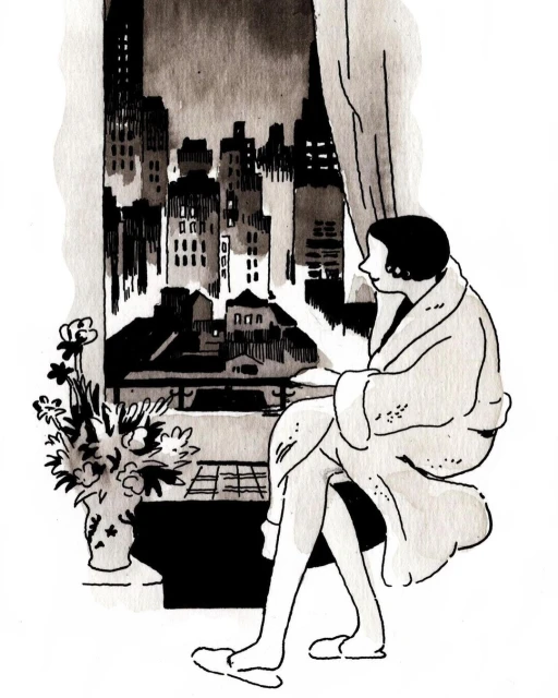 Illustration of a woman in a robe looking out a window at a city skyline at night, with a vase of flowers on the windowsill.