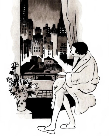Illustration of a woman in a robe looking out a window at a city skyline at night, with a vase of flowers on the windowsill.
