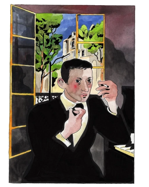 Illustration of a man in a tuxedo sitting at a piano in front of an open window overlooking trees and a building, rendered in watercolor.