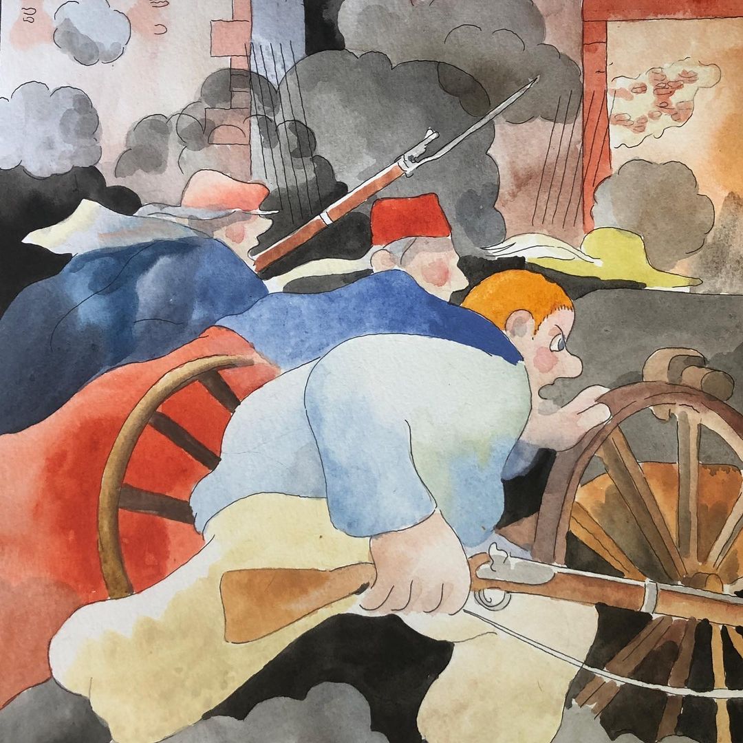 Illustration of soldiers charging with rifles and a cannon wheel in a watercolor art style with gray smoke and an orange sky background.